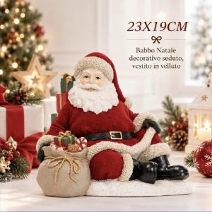 BABBO NATALE SEDUTO IN RESINA E VELLUTO